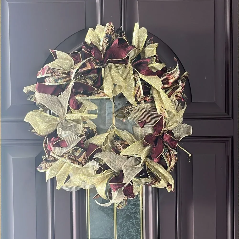 Handmade Dark Red Tan Gold Holiday Christmas Ribbon Twine Wreath Made on 12”